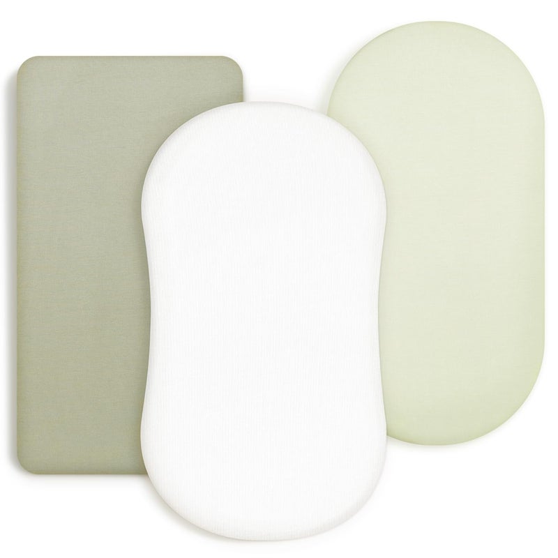 GRSSDER Stretchy Ultra Soft Fitted Bassinet Sheet 3 Pack, Universal Fit for Bassinets Baby Cradle Moses Basket Oval Rectangle Mattress Safe and Snug, Jersey Bassinet Sheets for Girls, White/Sage - Image 1